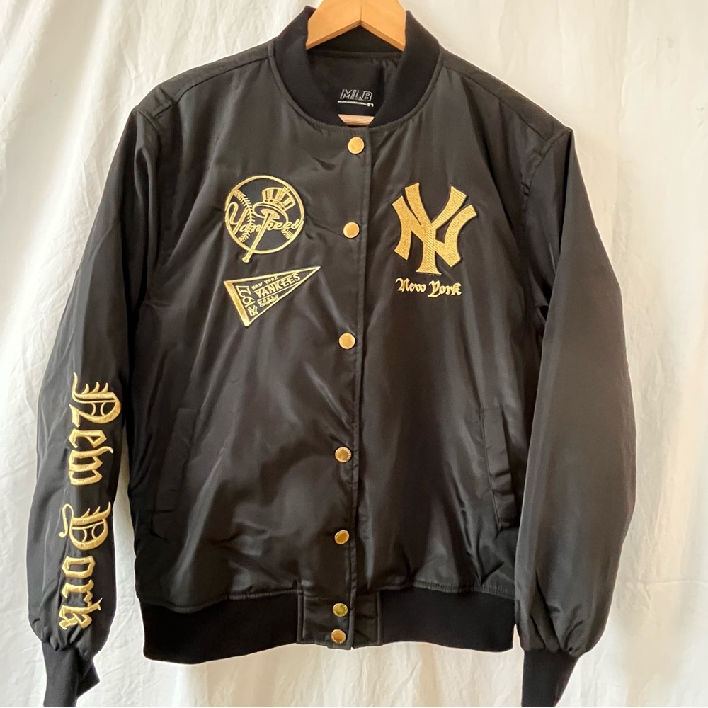 Black and Gold Satin Varsity Bomber Jacket - F&F team sports South Korean import